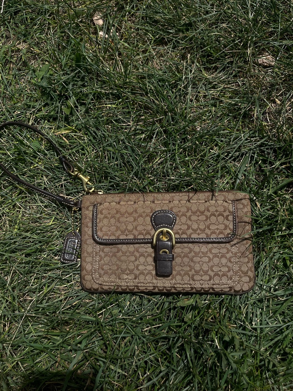 Coach Tan Signature Canvas Wristlet with Dark Brown Trim